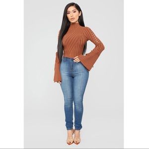 Rust colored bell sleeve Mock neck sweater